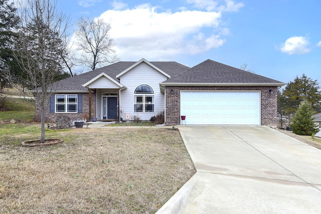 single story home featuring brick siding, a front lawn, and roof with shingles