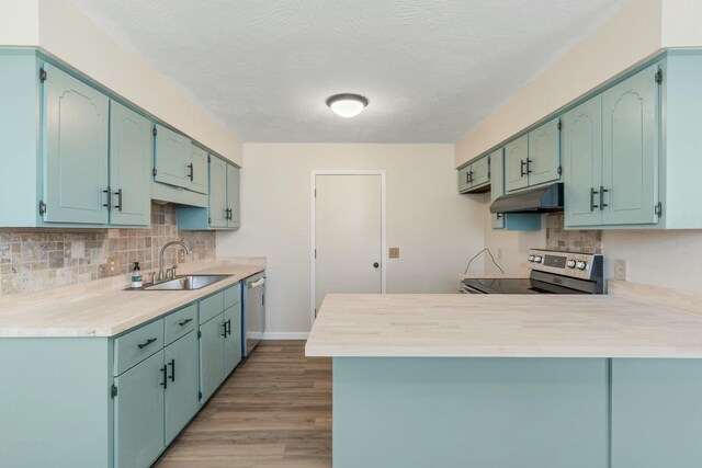 kitchen featuring stainless steel appliances, light countertops, a sink, a peninsula, and under cabinet range hood