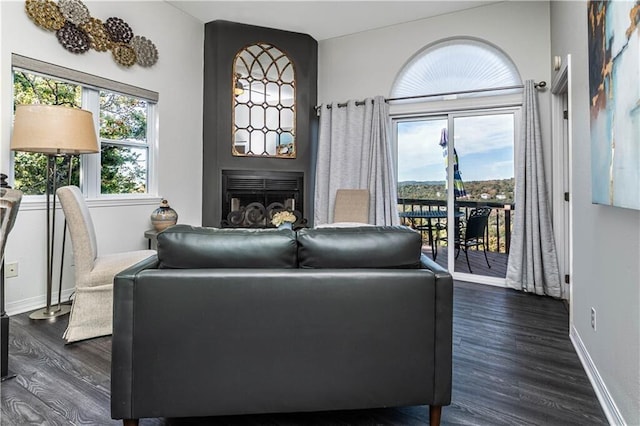 living room featuring dark wood-style flooring, a fireplace, and baseboards