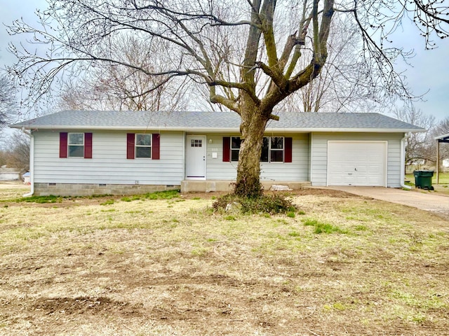 ranch-style house with a shingled roof, crawl space, driveway, and an attached garage