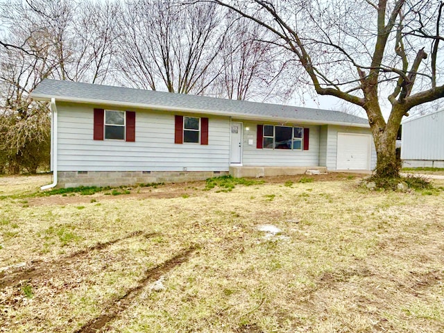 single story home with crawl space and an attached garage