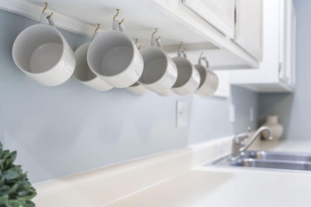 details with light countertops, a sink, and white cabinetry