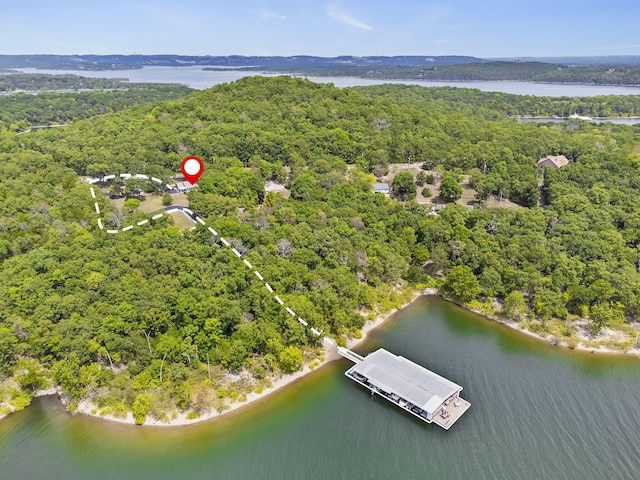 birds eye view of property featuring a water view and a view of trees