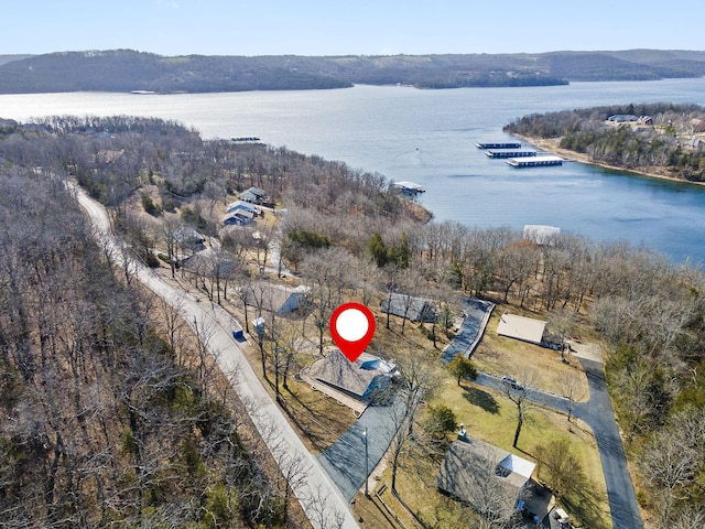 aerial view featuring a water view and a forest view