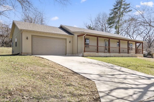 single story home featuring roof with shingles, a porch, a garage, driveway, and a front lawn