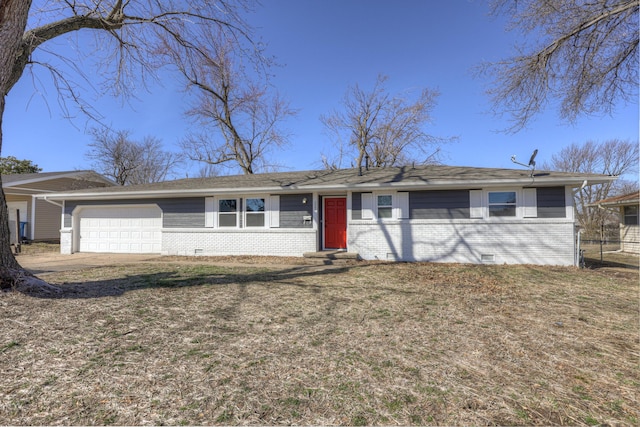 ranch-style house with entry steps, crawl space, brick siding, and an attached garage