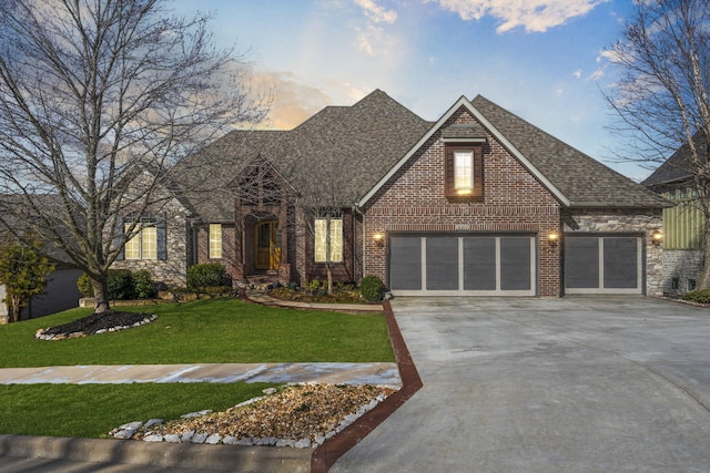 view of front of property featuring driveway, a garage, roof with shingles, a front lawn, and brick siding