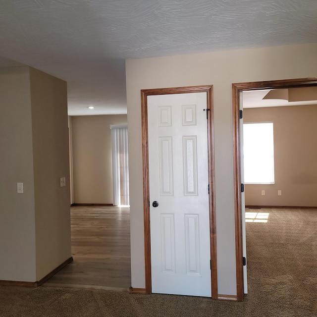 hall featuring carpet flooring and baseboards