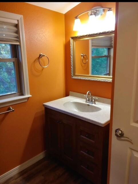 bathroom featuring baseboards, wood finished floors, a wealth of natural light, and vanity