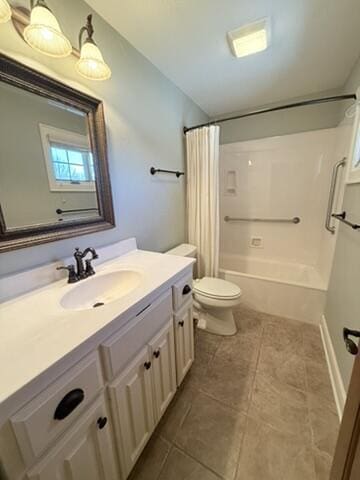 bathroom featuring baseboards, toilet, shower / bath combo, tile patterned floors, and vanity