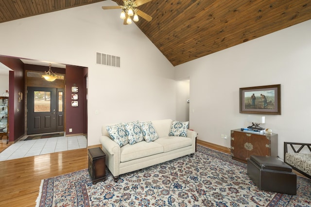 living room with high vaulted ceiling, wooden ceiling, visible vents, and wood finished floors