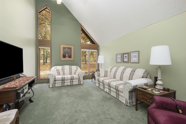 carpeted living room featuring high vaulted ceiling