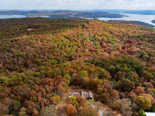 bird's eye view featuring a water view and a wooded view