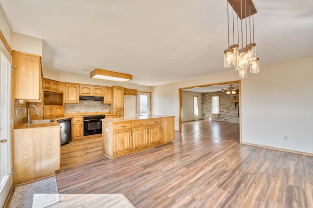 kitchen featuring light wood-style flooring, under cabinet range hood, a sink, black dishwasher, and light countertops