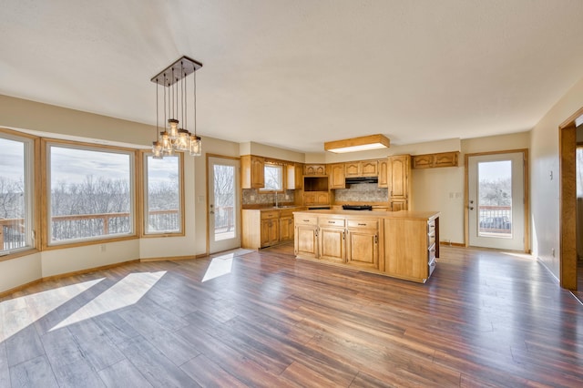 kitchen featuring a wealth of natural light, backsplash, a kitchen island, a sink, and wood finished floors