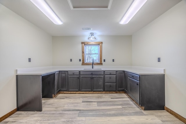 kitchen with light countertops, visible vents, a sink, and light wood-style flooring