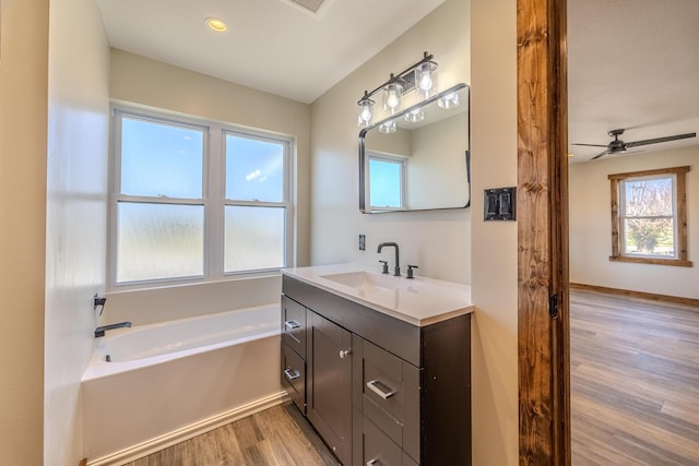 bathroom featuring a bath, baseboards, wood finished floors, and vanity