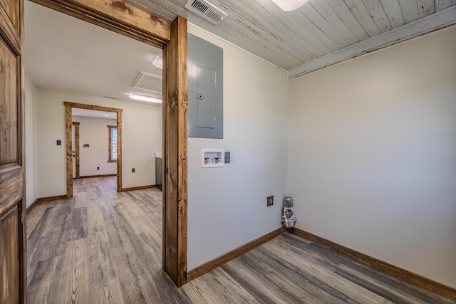 clothes washing area with laundry area, attic access, electric panel, visible vents, and hookup for a washing machine