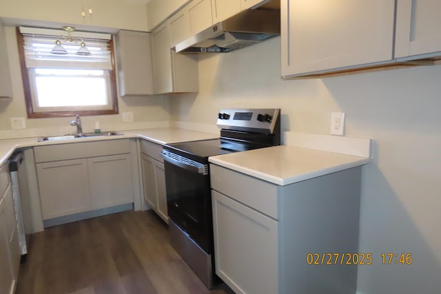 kitchen with a sink, under cabinet range hood, light countertops, stainless steel appliances, and dark wood-style flooring