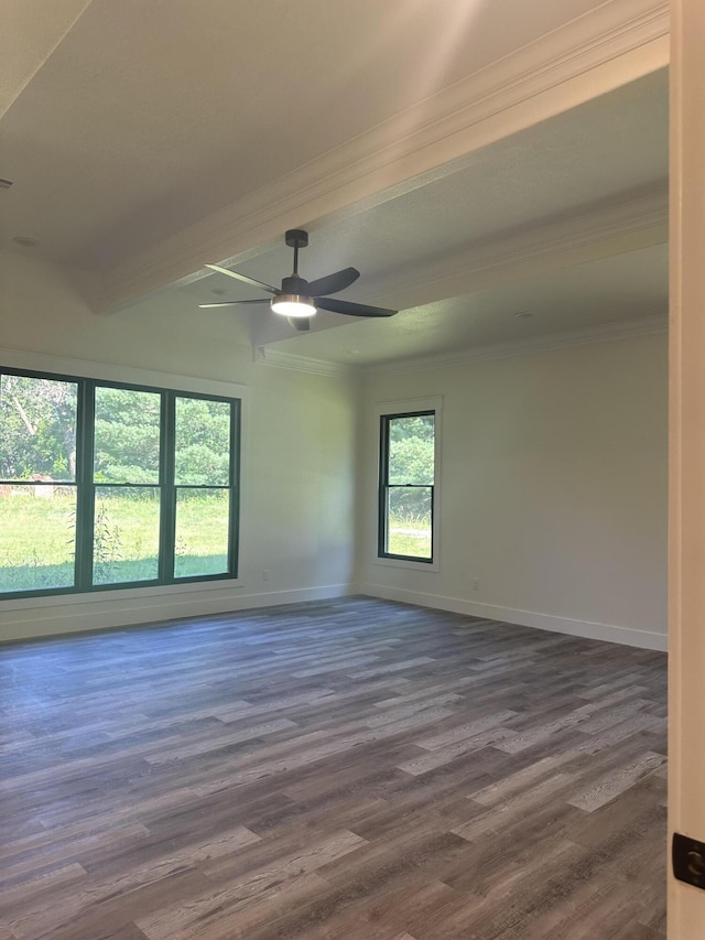 spare room with crown molding, ceiling fan, dark wood finished floors, and baseboards