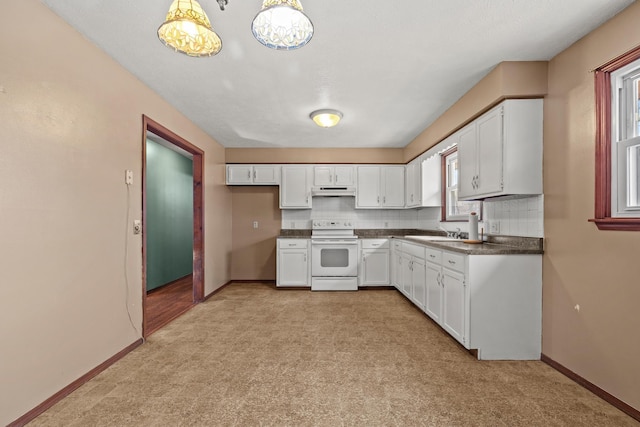 kitchen featuring a sink, white cabinetry, dark countertops, white electric range, and backsplash