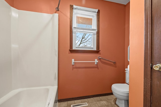 bathroom featuring visible vents, toilet, a shower, tile patterned floors, and a bath