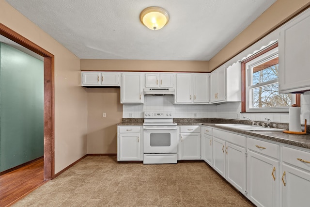 kitchen with a sink, under cabinet range hood, tasteful backsplash, dark countertops, and white range with electric stovetop