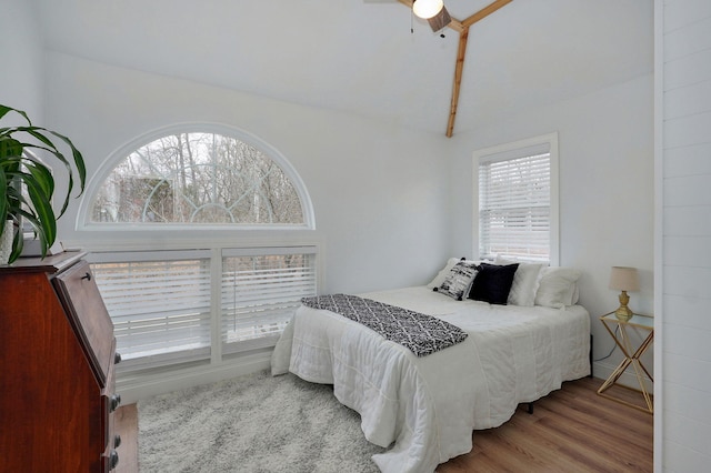 bedroom featuring a ceiling fan, wood finished floors, and high vaulted ceiling