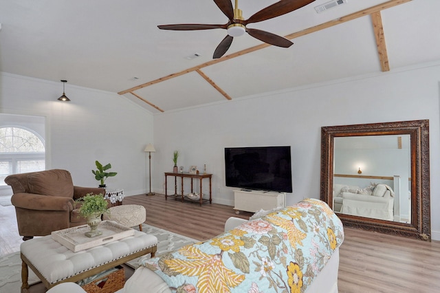 living room featuring visible vents, vaulted ceiling with beams, baseboards, ceiling fan, and light wood-style floors