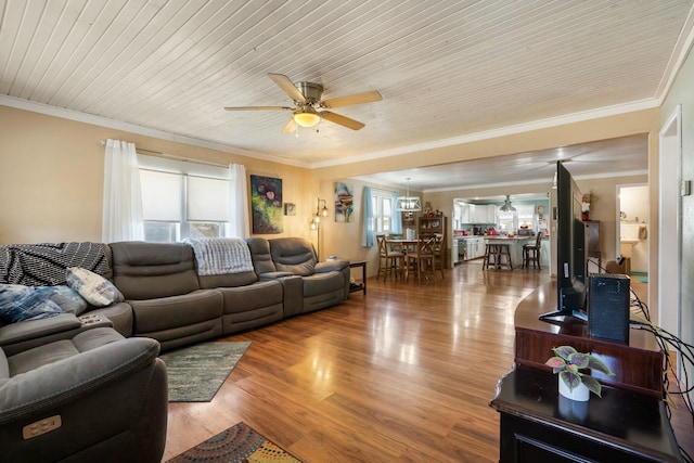 living area featuring a ceiling fan, crown molding, wood finished floors, and wooden ceiling