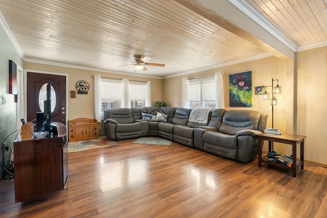 living room with wooden ceiling, wood finished floors, and crown molding