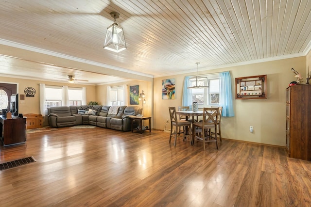 dining space with wooden ceiling, wood finished floors, visible vents, and ornamental molding