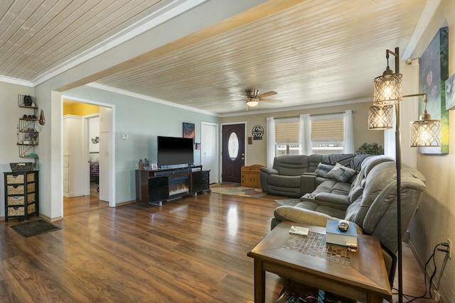 living room featuring a ceiling fan, wooden ceiling, wood finished floors, and ornamental molding