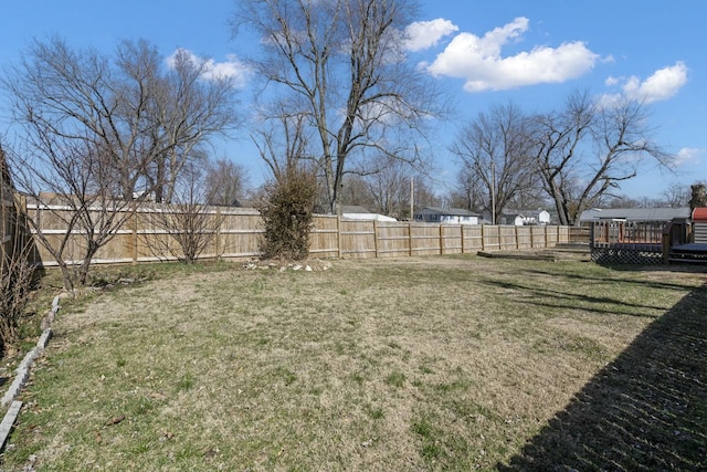 view of yard with a deck and a fenced backyard