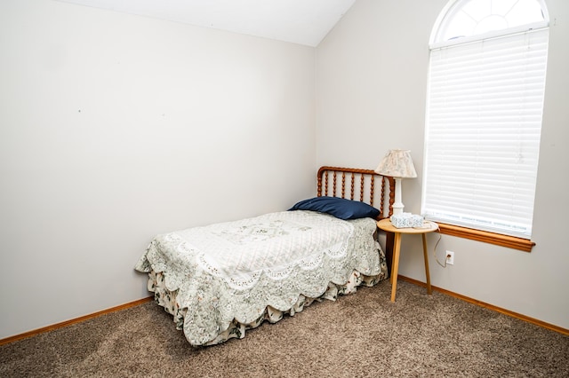 carpeted bedroom with lofted ceiling, multiple windows, and baseboards