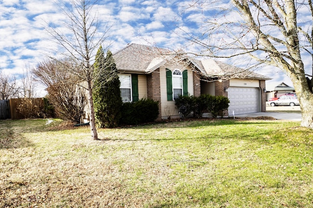 view of front of home featuring a front lawn, fence, concrete driveway, a garage, and brick siding