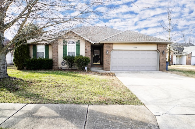 single story home featuring brick siding, a front lawn, roof with shingles, a garage, and driveway