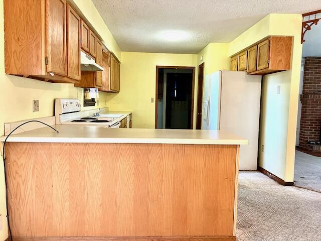 kitchen featuring under cabinet range hood, light colored carpet, a peninsula, brown cabinetry, and white appliances