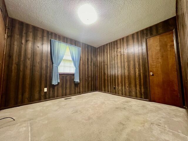 empty room with carpet, visible vents, wood walls, and a textured ceiling