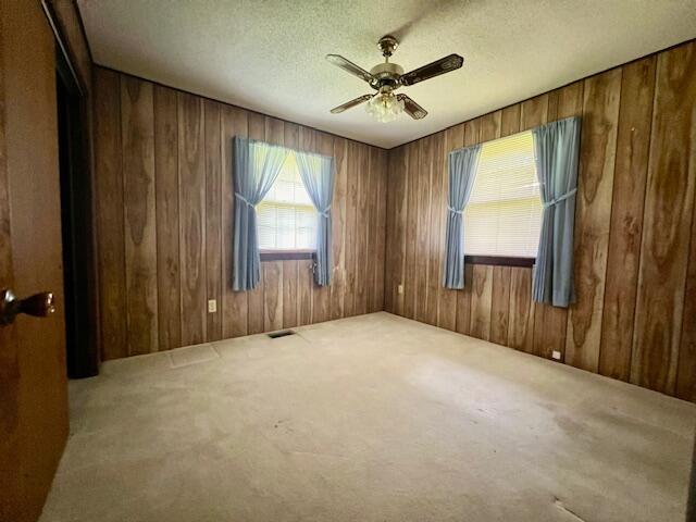 unfurnished room featuring carpet floors, wooden walls, and ceiling fan