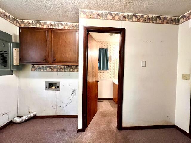 washroom featuring carpet, baseboards, cabinet space, washer hookup, and a textured ceiling