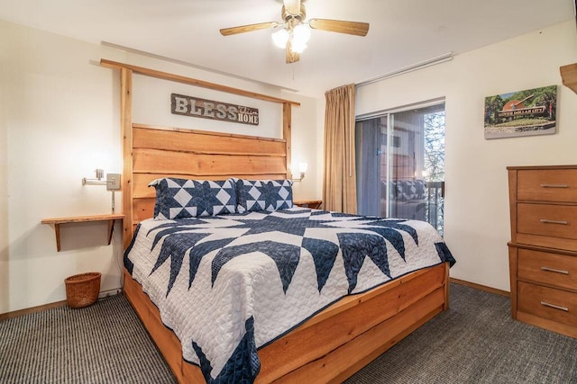 bedroom with access to outside, baseboards, carpet, and a ceiling fan