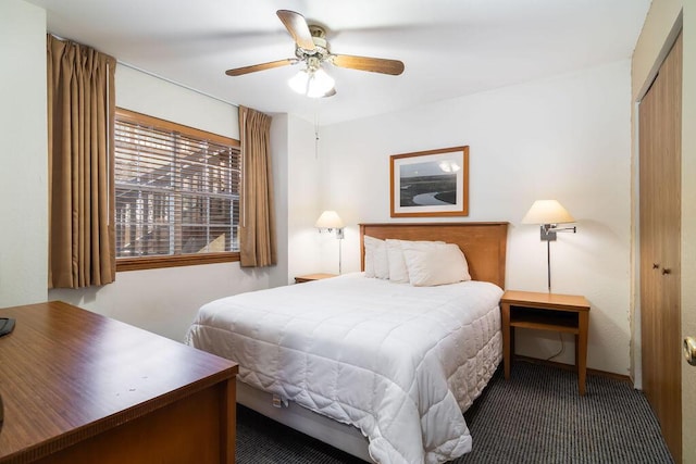 bedroom featuring carpet, a closet, and ceiling fan