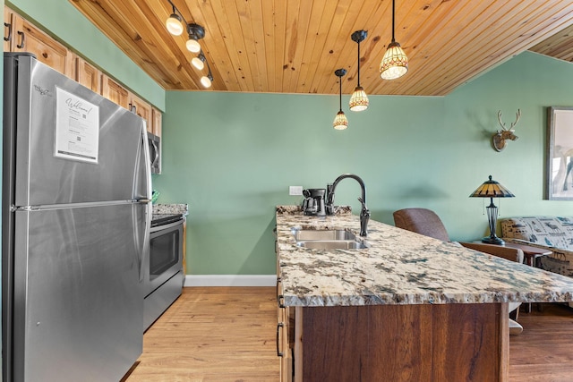 kitchen with a sink, a peninsula, light wood-style flooring, and stainless steel appliances