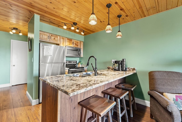 kitchen with a sink, hardwood / wood-style floors, appliances with stainless steel finishes, a peninsula, and baseboards