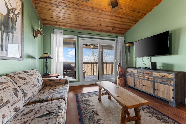 living area with lofted ceiling, wood ceiling, and hardwood / wood-style flooring