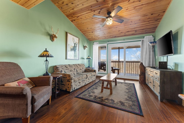 living room with wood ceiling, hardwood / wood-style floors, ceiling fan, and vaulted ceiling