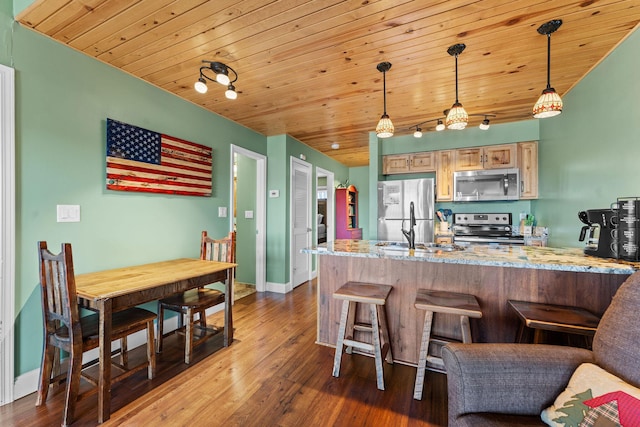 kitchen featuring dark wood-type flooring, a sink, stainless steel appliances, a peninsula, and wood ceiling