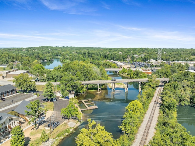 bird's eye view with a water view and a view of trees