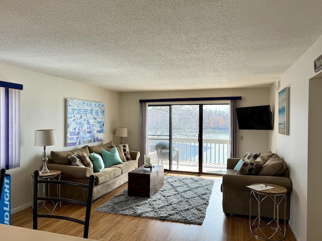 living area with wood finished floors, baseboards, and a textured ceiling